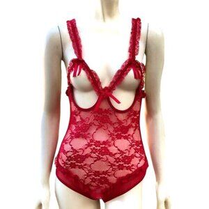 Red Lace Sheer Crotchless Teddy Lingerie With Ruffle & Bow Detail NWT One Size